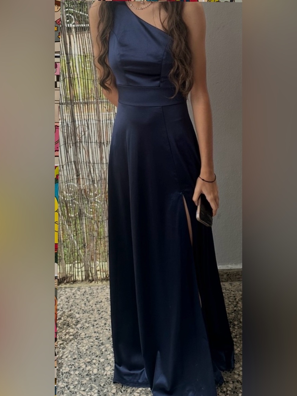 Navy One Shoulder Satin Maxi Dress XXS – Elegant Formal Dress with Slit